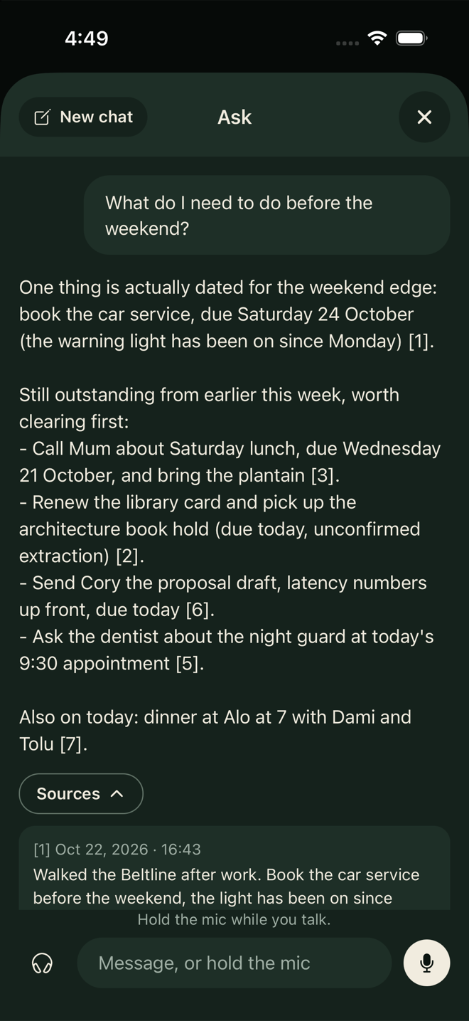 Ask: the question What do I need to do before the weekend, a streamed answer with numbered citations, and Sources open on the first note