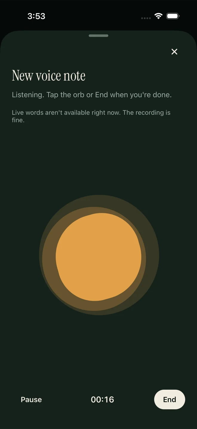 A voice note mid-take: the amber orb listening