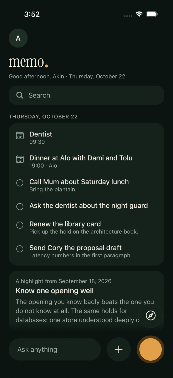 memo's Home on a Thursday: two events and four todos for the day, and a highlight resurfaced from a month ago