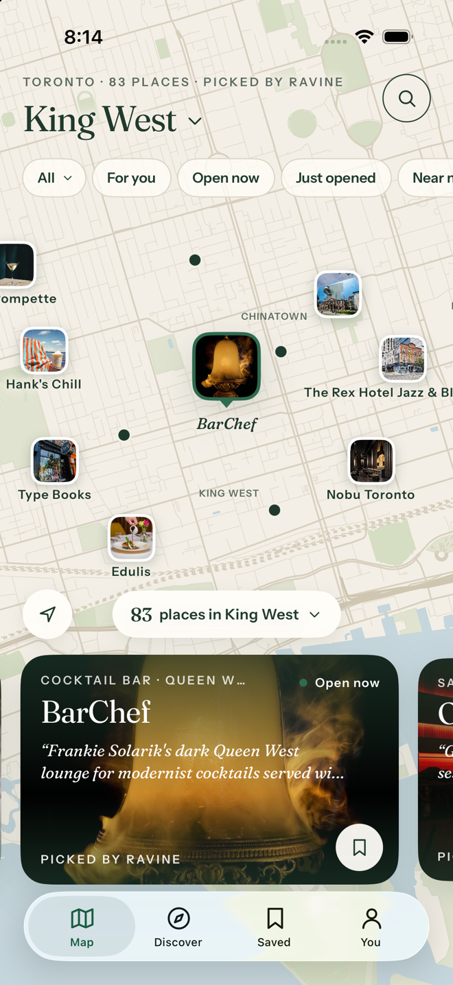 Ravine's map of King West with photo pins for Type Books, Edulis, Nobu and the Rex, and a card for BarChef
