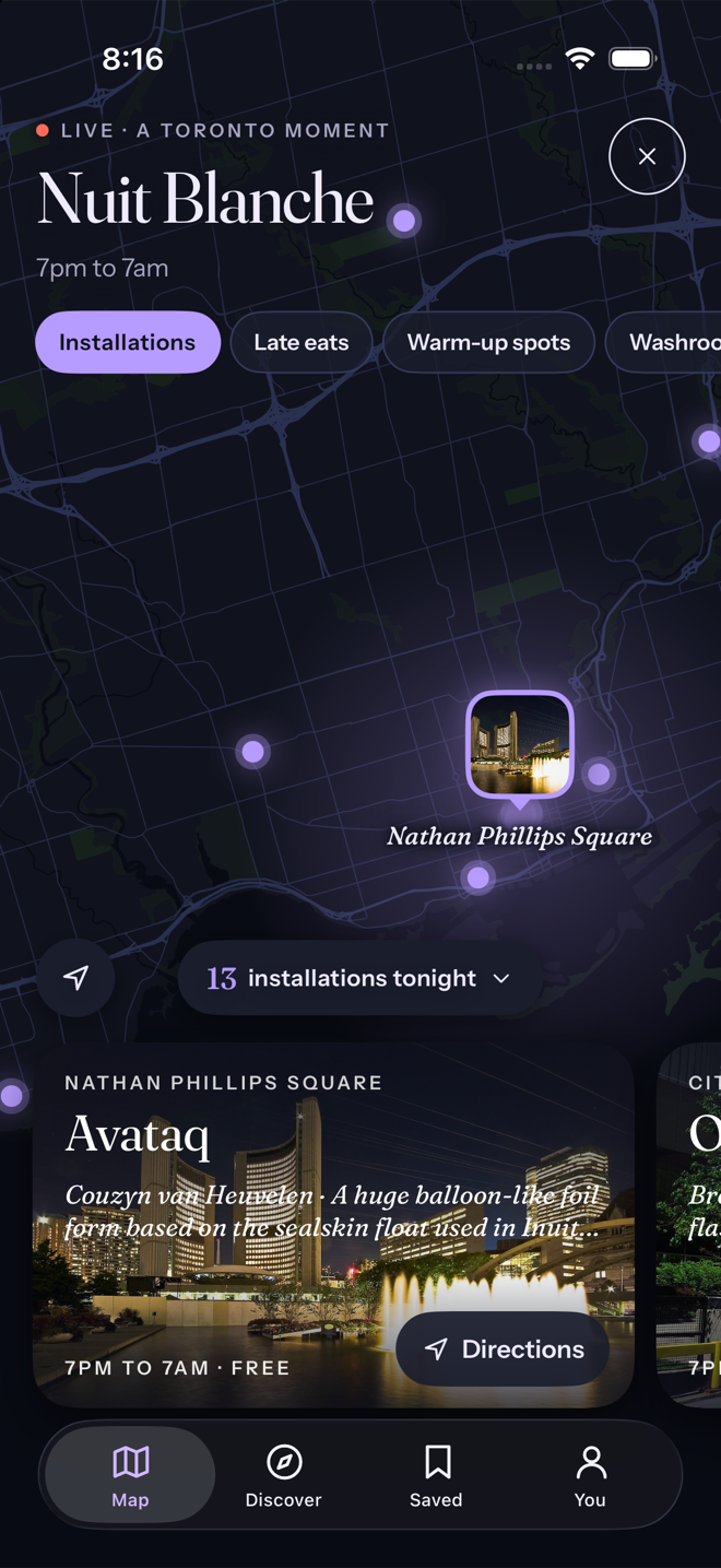 The Nuit Blanche takeover: a dark map with glowing installation pins, City Hall lit on the selected pin, and a card for Avataq at Nathan Phillips Square
