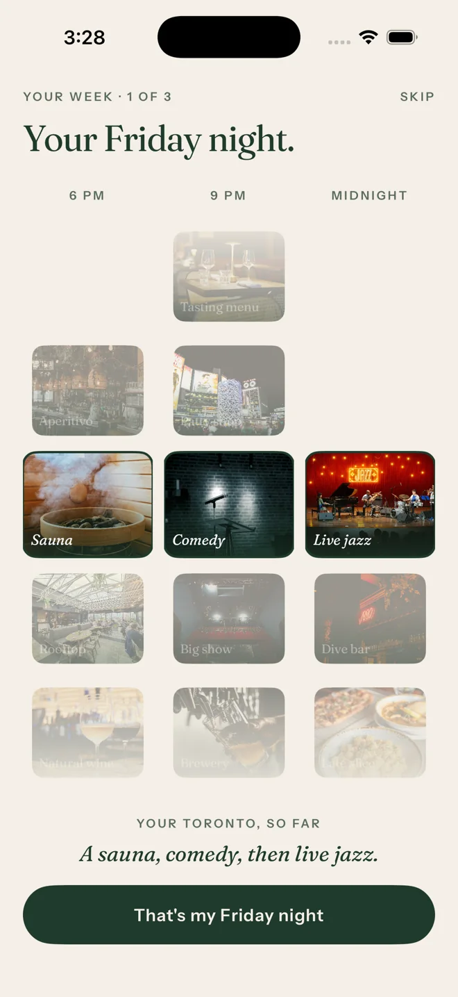 Ravine's first screen: pick what you are into